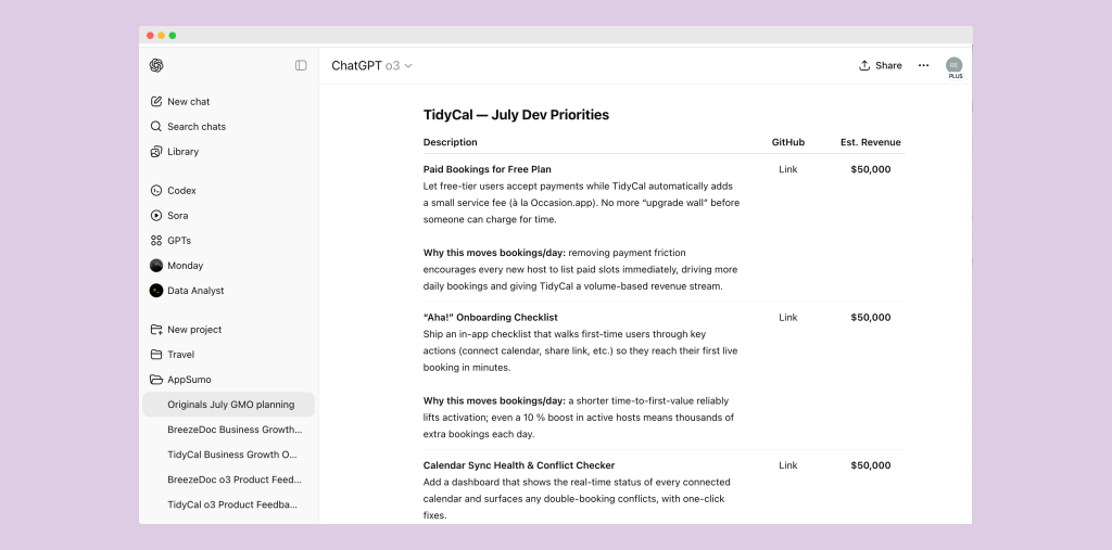 ChatGPT output on the July dev priorities