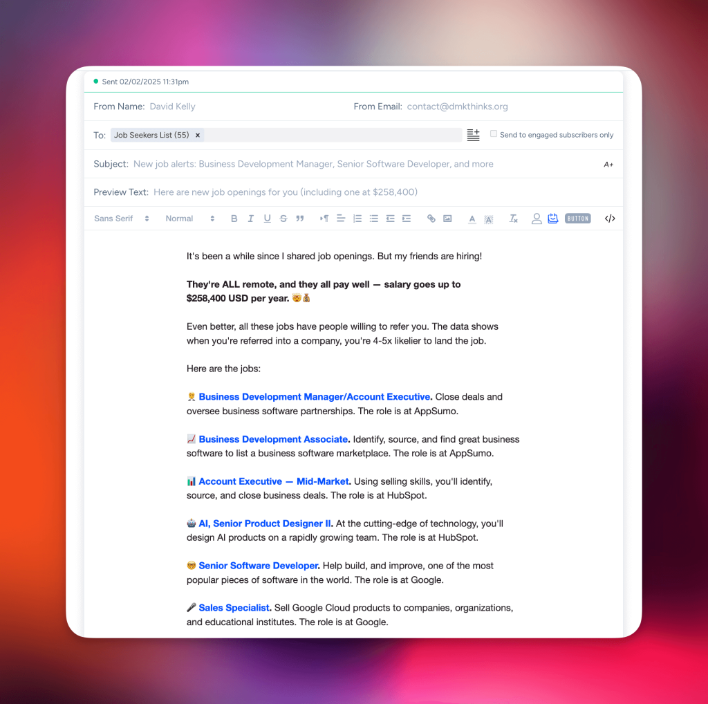 An email I sent promoting the job offer