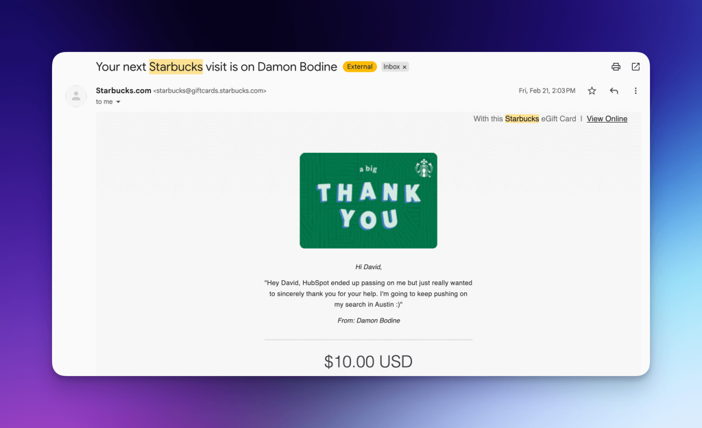 A nice gesture from a user of our platform