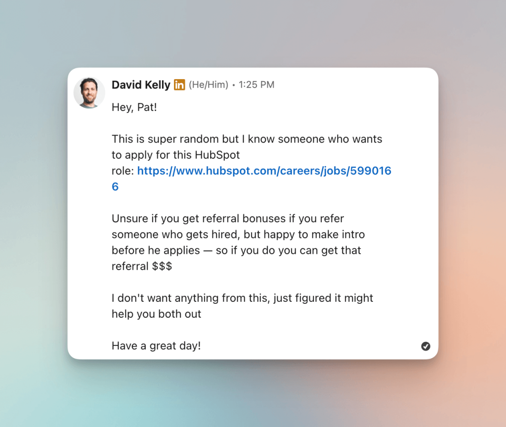 Referral message sent to a friend at HubSpot